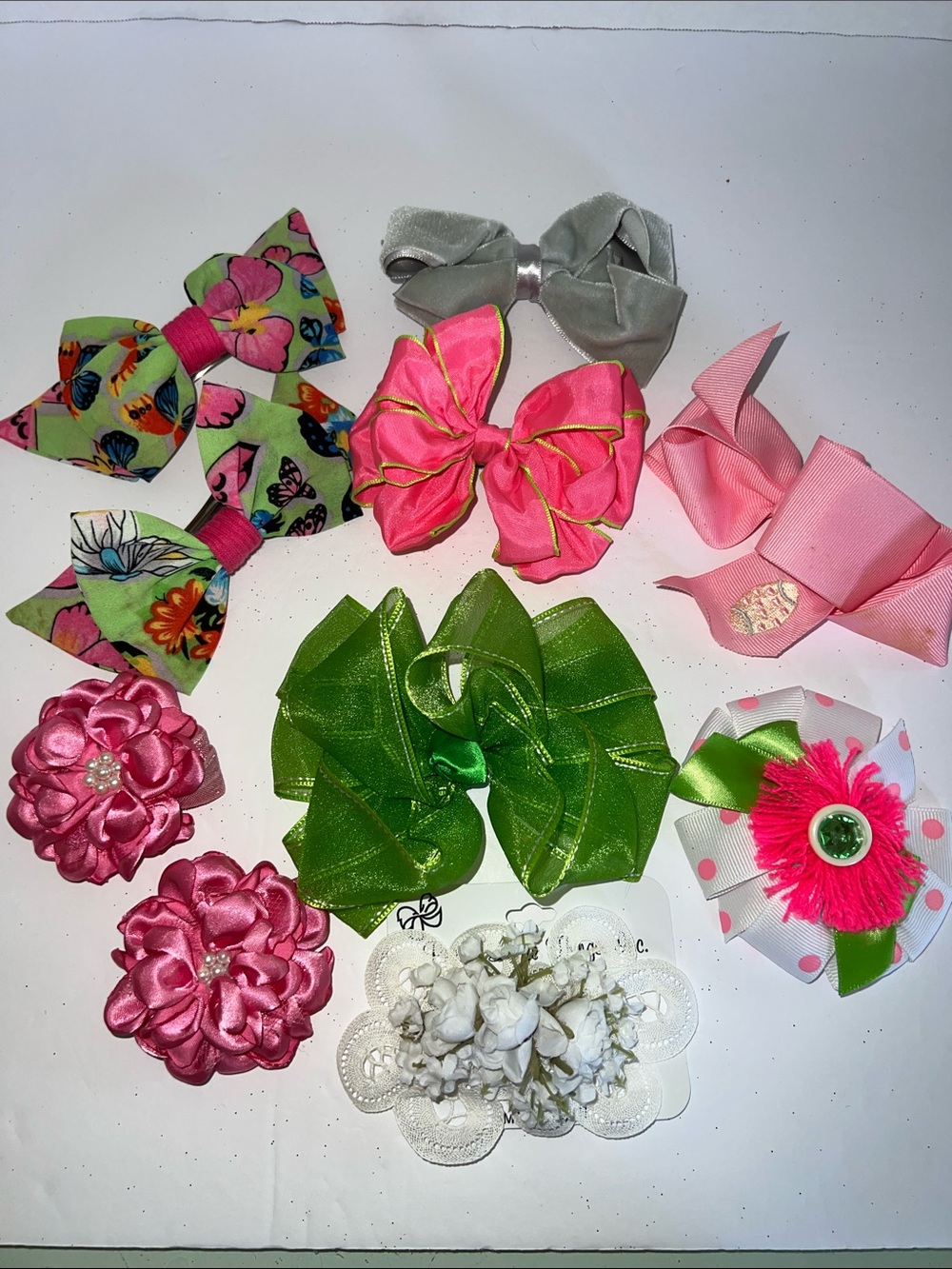 Kids Hair Bows Assortment - Pink, Green, Silver, White